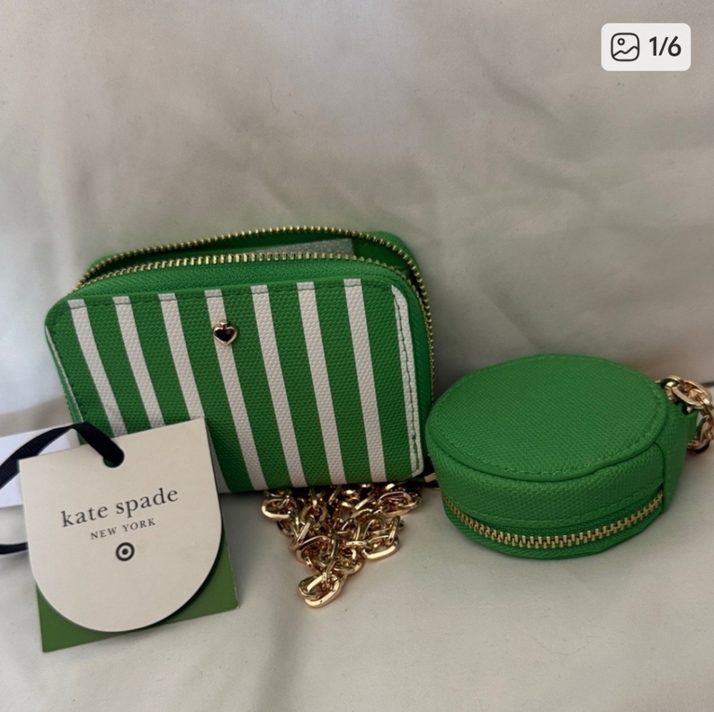kate spade Green and White Striped Crossbody Wallet with Round Coin Pouch - Picture 3 of 4